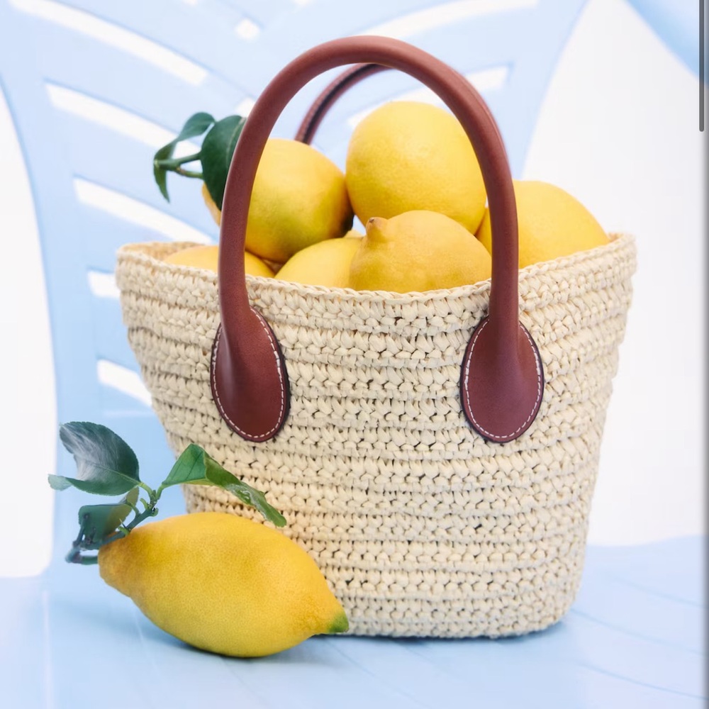 H&M Cream Woven Tote Bag with Brown Handles